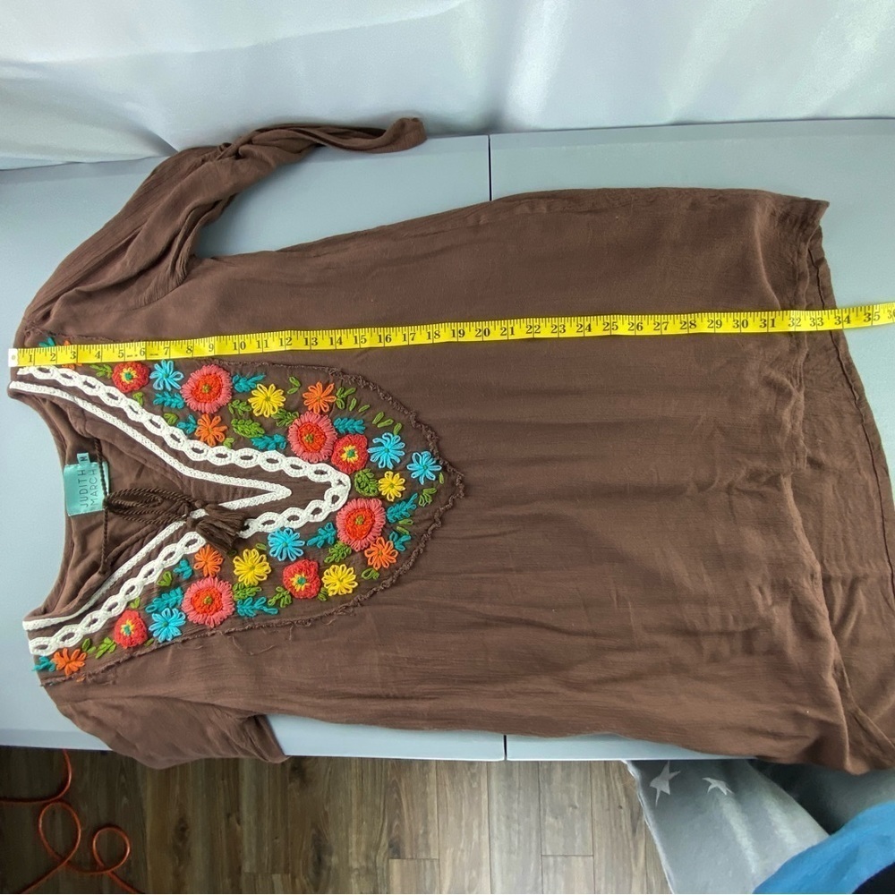 Judith March Peasant Bohemian Tab Sleeve Brown Embroidered Floral Swing Dress, M - Picture 8 of 9